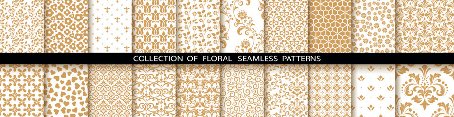 Geometric floral set of seamless patterns. White and gold vector backgrounds. Damask graphic ornaments