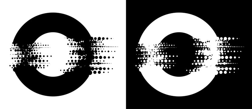 Circles with glitch halftone texture. Black shape on a white background and the same white shape on the black side.