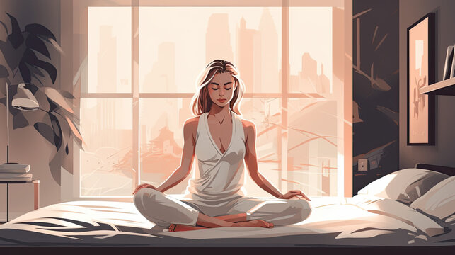 illustration of a pretty young woman wearing her white nightgown sitting cross-legged on the bed and meditating. Generative AI