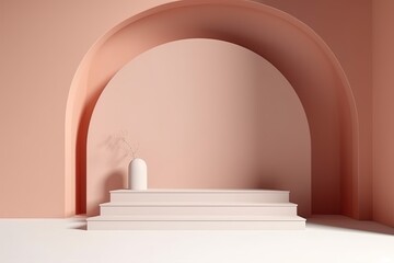 Podium with wall arch background for product presentation mock up for exhibitions, minimal concept. Generative AI