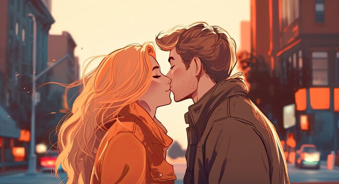 illustration of a young couple about to kiss. Generative AI