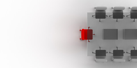 Top view on a rectangular glass office meeting table with one red boss leather chair, many ohter chairs around of a conference room. 3D rendering business illustration design background, copy space.