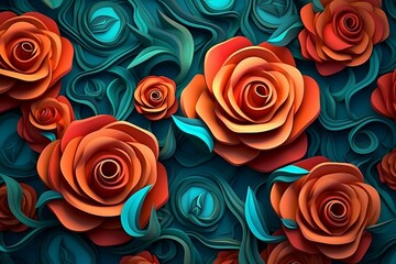 3D roses background, 3d abstraction wallpaper for interior mural wall art decor. Generative Ai.