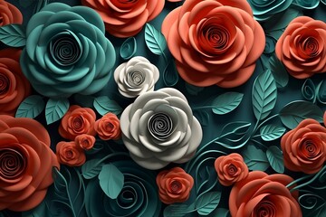 3D roses background, 3d abstraction wallpaper for interior mural wall art decor. Generative Ai.