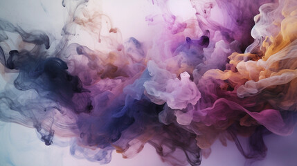 Drops of mauve purple paint in water. Whirlpool of splashes, clouds and waves in motion. Colorful smoke cloud, underwater abstract background. Generative AI