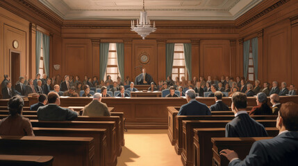illustration of court process with people from the side of the courtroom entrance, generated by AI