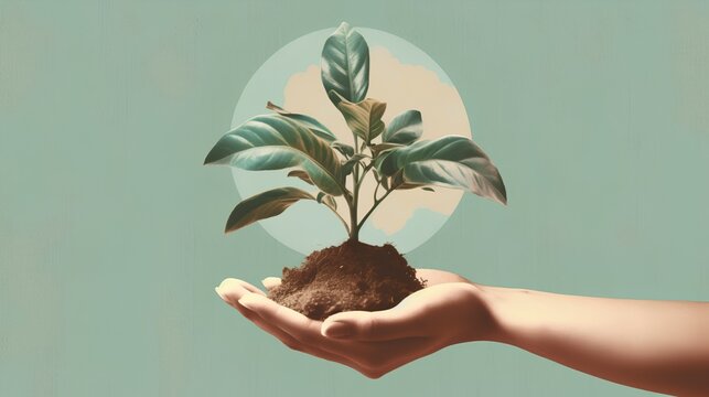 Hand gently cradles a flourishing green plant, symbolizing a deep rooted care for the environment and commitment to a green lifestyle mindset. Sustainability and greener future. Generative AI