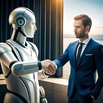 Ai robot and human shaking hands