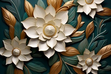 mural painting, light gold, and dark emerald, matte background, white and gray, symbolic elements, wallpaper, Generative Ai.