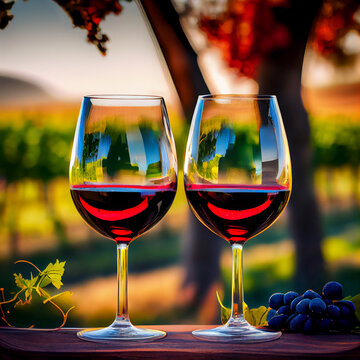 Two glasses with red wine in front of a vinegard at sunset, Moselle Valley, italian Tuscany or France, generaitive AI
