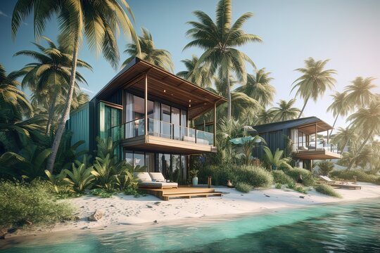 Tropical beach houses, Coastal style villas. Generative AI