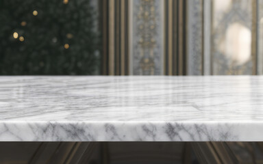 Fototapeta na wymiar High-Resolution Mock-Up Image of an Empty Marble Table on a Blurred Background, Ideal for Displaying Your Designs in a Realistic Setting 