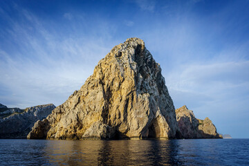 Naklejka premium tip of Catalunya cape, Cala Figuera, Tramuntana coast, Pollensa, Majorca, Balearic Islands, Spain