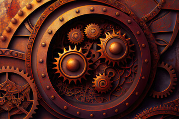Vintage old machine gears wheels, steampunk textured grunge background. Generative AI.