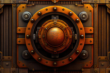 Vintage old machine gears wheels, steampunk textured grunge background. Generative AI.
