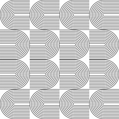 Modern vector abstract seamless geometric pattern with semicircles and circles in retro  style. Black u shapes on white background. Minimalist  illustration in Bauhaus style with simple shapes.