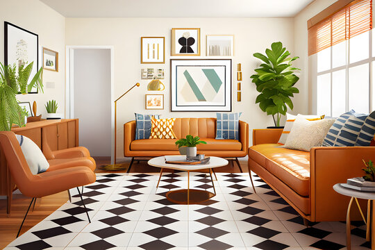 The interior design of the living room with an orange sofa and coffee table. AI Generative