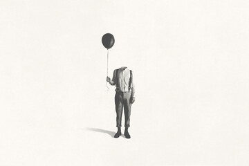 Illustration of man without face holding black balloon, surreal absence concept