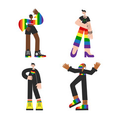 Gay characters set. Happy pride month lgbt person collection. Diverse people in rainbow flag colors with queer symbols. Vector flat illustration.