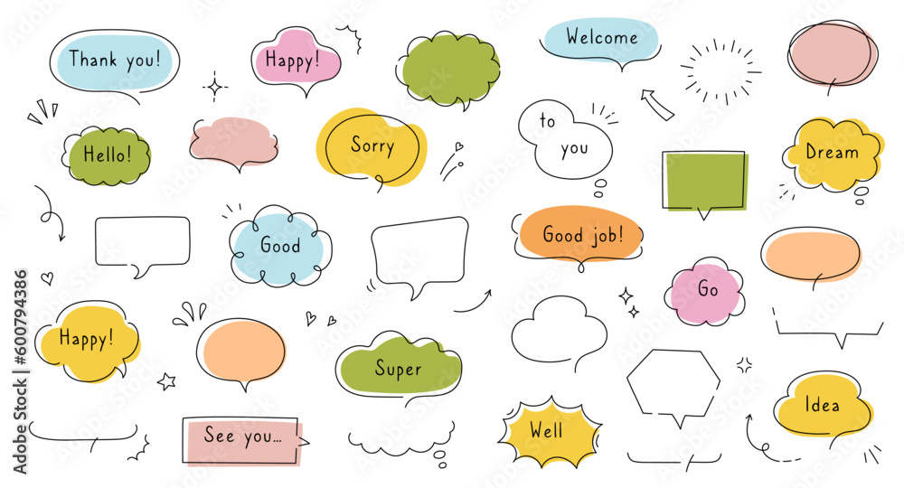 Poster Line simple balloon frame for text title. Line decoration simple speech bubble set with comic cloud, balloon, arrow element. Hand drawn doodle sketch style. Vector illustration.