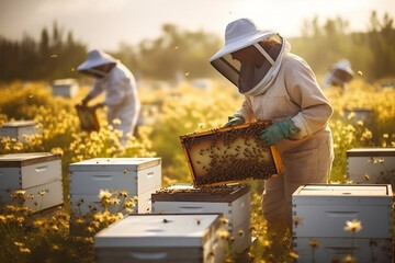  A picturesque scene of a beekeeper tending to beehives in a vibrant flower field, highlighting the importance of pollination and sustainable honey production. - obrazy, fototapety, plakaty