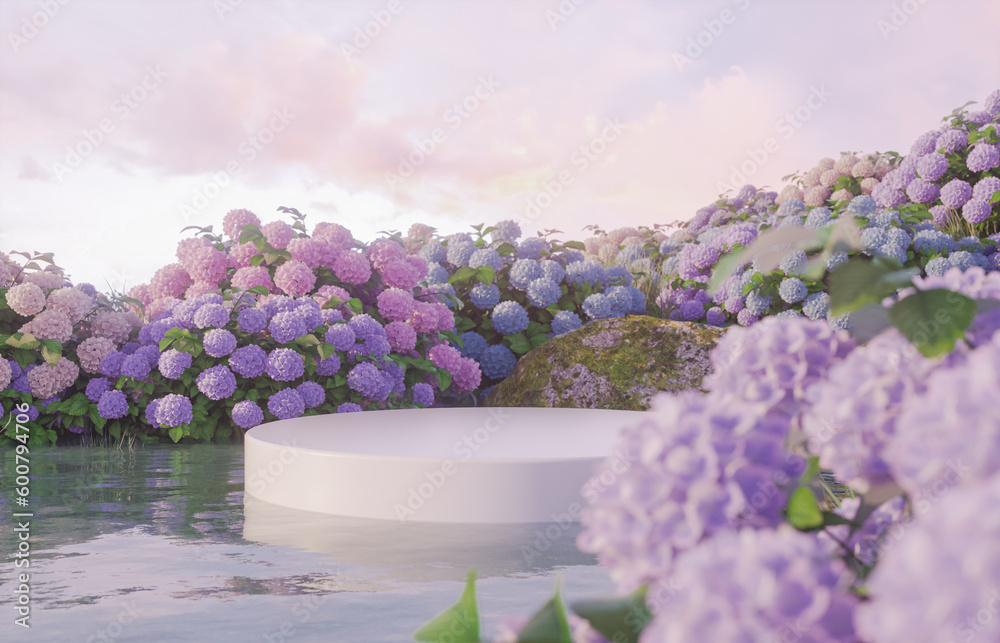 Aufkleber Natural beauty podium backdrop for product display with Hydrangea field. 3d rendering.