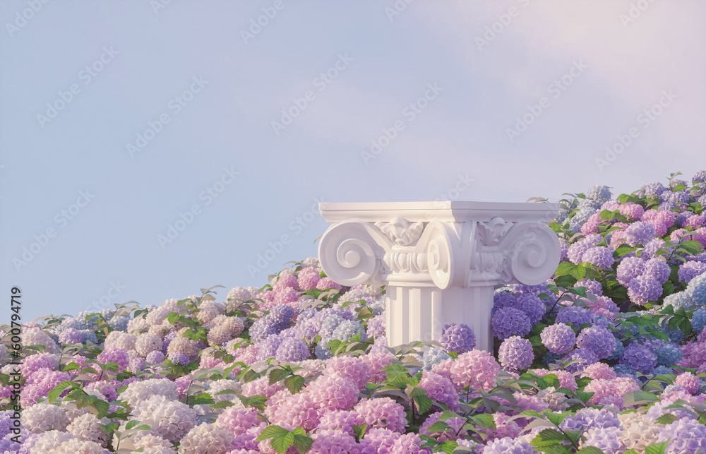 Aufkleber natural beauty podium backdrop for product display with hydrangea field. 3d rendering.