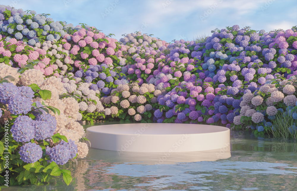 Aufkleber natural beauty podium backdrop for product display with hydrangea field. 3d rendering.