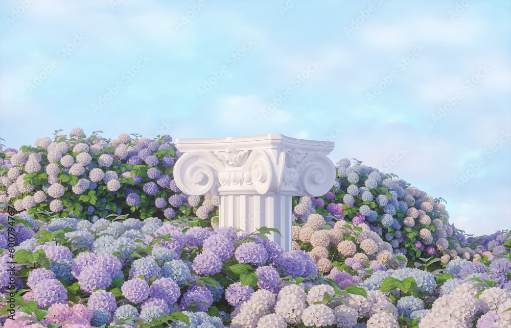 Aufkleber natural beauty podium backdrop for product display with hydrangea field. 3d rendering.