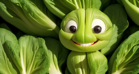 a cute, cartoon-like green bok choy vegetable with a big smile on its face  - obrazy, fototapety, plakaty