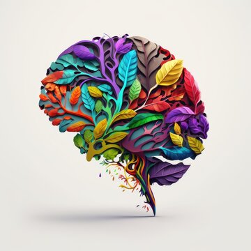 artistic colorful human brain background inspired with organic leaves generative ai