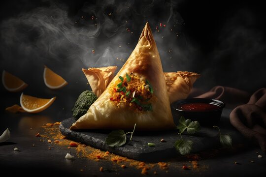 hot and fresh crispy samosa with traditional indian cuisine generative ai