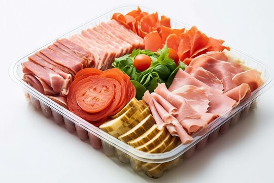 Meat Food, Tray Of Freshly Sliced Deli Meat White Background (Ai Generated)