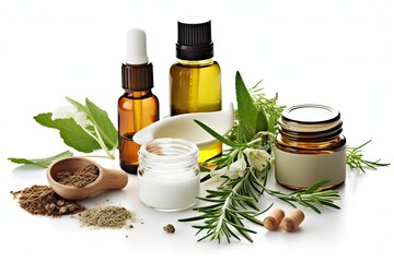 Fototapeta na wymiar Spa oil aromatherapy, herbal skin treatment, white background (Ai generated)