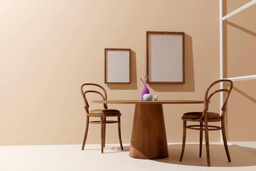 Dining room interior with mock up poster frame, wooden table, chair, black dishes and accessories. Sunny and light space. Beige walls. 3d render