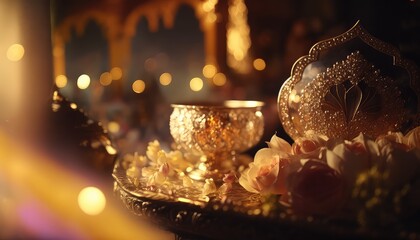 indian wedding invitation venue  with decorative props and flower generative ai