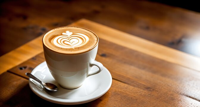 A delicious cup of coffee with latte art on top served in a white ceramic cup on a wooden table - created with Generative AI