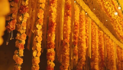 hindu wedding marigold flower garland wallpaper for decoration generative ai