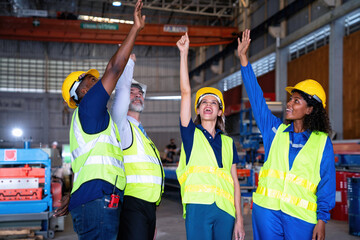 Confident Manager visit engineer teamwork at manufacture factory gathering hands portrait together