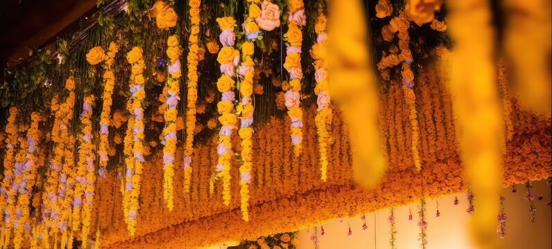 elegant and decorative zendu flower garland wallpaper for hindu culture generative ai
