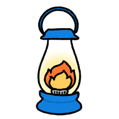 Hand-drawn Cute blue camping lantern, lamp, fire, Camping character design in doodle style