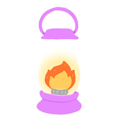 Hand-drawn Cute purple camping lantern, lamp, fire, Camping character design in doodle style