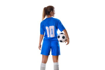  Portrait of young female soccer player standing with back with soccer ball standing on isolated Background.