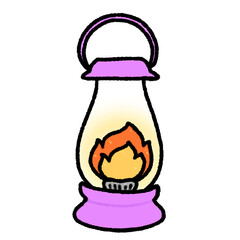 Hand-drawn Cute purple camping lantern, lamp, fire, Camping character design in doodle style