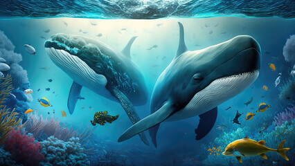 Animals of the underwater sea world. Ecosystem. Colorful tropical whale. Life in the coral reef. (ai generated)