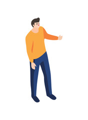 Successful man standing with hand on sign