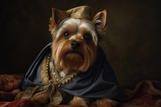 AI Generated. AI Generative. Painting of a Yorkshire terrier in renaissance clothing realistic illustration. Vintage retro elite vibe. Graphic Art