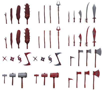 Ancient wooden weapons.Including wooden Bat, Stick, Knife, Sword, Hammer, Ranged weapons and Axes.3D style design with 2 variations.Best for video game asset.Sprite packed image