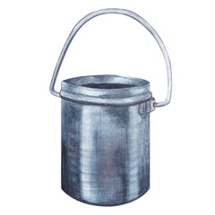 Watercolor illustration of metallic bucket for camping on a white background. Steel cauldron. Hand drawn