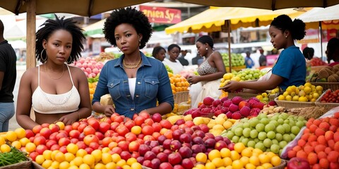 Young afro american woman tending an organic vegetable stall at a farmer's market and buying fresh vegetables from garden. Concept shopping, small business, sustainable production. Generative AI - obrazy, fototapety, plakaty